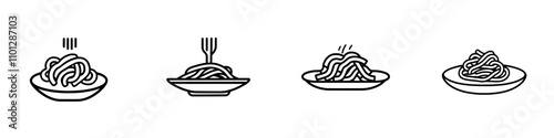 A single, unbroken line drawing of tasty spaghetti with a fork, representing an Italy pasta noodle restaurant concept, in a modern hand-drawn line art style suitable for a cafe, shop, or food