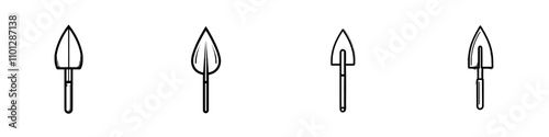 Minimalistic line art icon of a small gardening hand trowel, perfect for apps and websites.