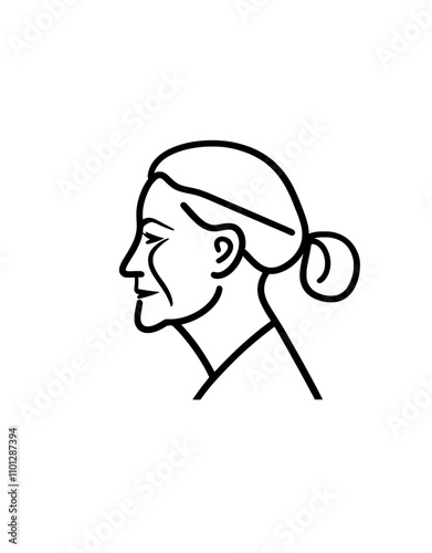 A sleek, modern design of an elderly woman's face with wrinkles, rendered in a continuous black line on a white background.