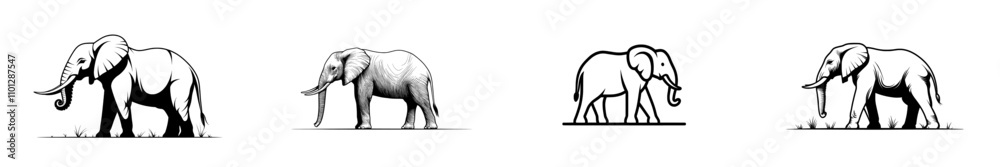 Fototapeta premium A single unbroken line depicting a walking and standing elephant, rendered in a modern, minimalist style.