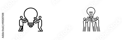 A one-line drawing shows a group of people holding a giant lamp, representing a new concept. Achieving business success depends on collaboration, thorough planning, and innovative problem-solving.