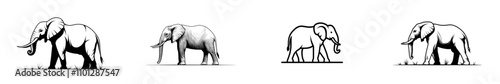 A single unbroken line depicting a walking and standing elephant, rendered in a modern, minimalist style.