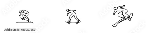 A modern, one-line drawing depicting a young, stylish skateboarder executing a jump trick on his skateboard in a skate park, showcasing the healthy and extreme sport lifestyle of teenagers.