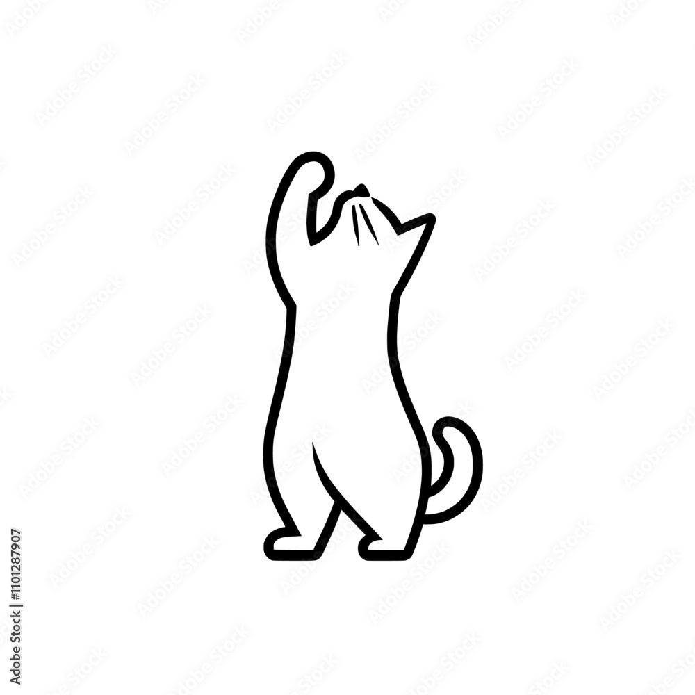 A one-line continuous drawing of a cat silhouette, portraying a playful cat standing upright and reaching for something in an abstract, hand-drawn style. This modern illustration art is a simple and A one-line continuous drawing of a cat silhouette, portraying a playful cat standing upright and reaching for something in an abstract, hand-drawn style. This modern illustration art is a simple and