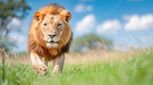 A male lion pacing restlessly in its enclosure at a zoo, its powerful body confined within the limited space, raising questions about animal welfare and the ethics of captivity. photo