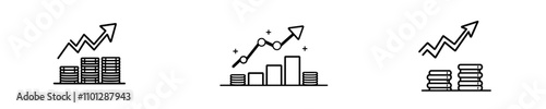 A single-line illustration of a graph with an upward arrow, depicting business growth, a bar chart, a cluster of dollar coins, and modern objects, all rendered in one continuous line.