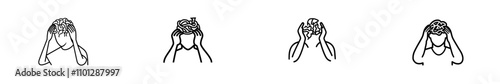 A single continuous line drawing of a businesswoman with circular scribbles for a head, depicting a distressed worker with a hand on her head due to overwork and suffering from a headache.