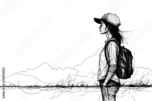 A man on a nature hike, embracing the trekking lifestyle, illustrated in line art.