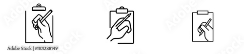 An illustration featuring a hand using a pen to fill out a task form, depicted in a single, unbroken line to convey the idea of document writing in a contemporary graphic design.