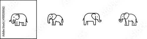 A simple black and white contour drawing of a single modern elephant in front view.