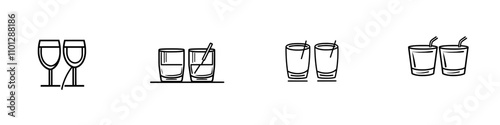 A single continuous line drawing of two whiskey glasses with ice. Icon for bourbon, scotch, and brandy hard drinks. Modern hand-drawn linear illustration suitable for prints, banners, cards, posters,