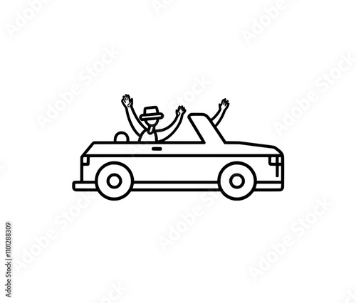 In a contemporary, dynamic graphic design, a single continuous line drawing portrays a happy couple on a summer road trip. The romantic man and woman are shown driving a convertible, capturing the