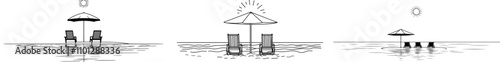 An editable stroke doodle illustration in a modern style, showcasing a beach umbrella and two chairs in one continuous line. This drawing represents the concept of a summer holiday and honeymoon in a