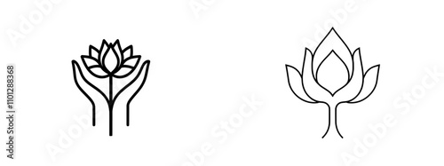 A contemporary doodle illustration of a human hand and lotus flower, drawn in a simple linear style with editable strokes, symbolizing the water lily concept in Buddhism.