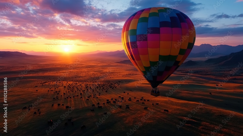 Obraz premium Hot Air Balloon over Safari Plains - A colorful hot air balloon floating above the golden plains 