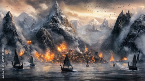 Amid the burning village, Viking longships cut through icy fjords. Towering snowy mountains frame the action, with circling birds adding to the drama. The scene sets the stage for an epic conquest in