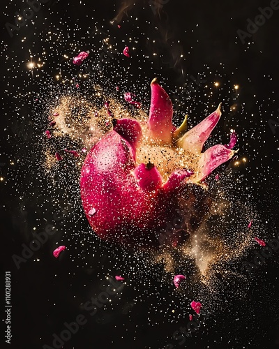 Dragon fruit exploding into constellation patterns, cosmic fruit photography, starlight particles, mystical food composition photo