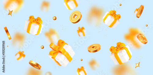 3d white gift box with yellow ribbon, flying gold chinese coins, stars with balls. Stock vector illustration on light blue isolated background. photo