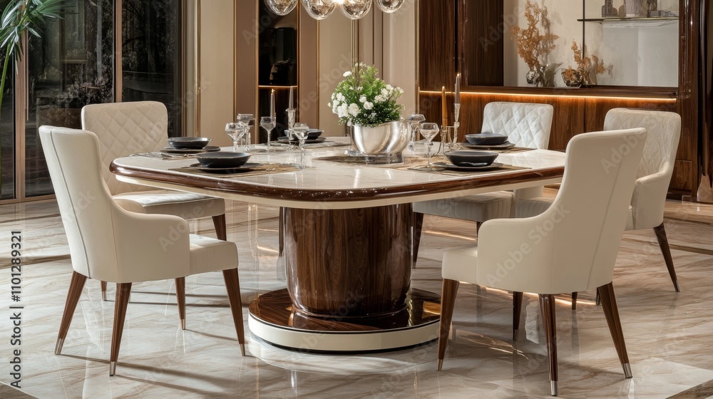 Fototapeta premium Luxury Dining Room Set with Marble Table and Cream Chairs