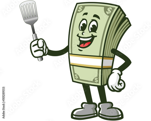 Money Cash with spatula,  Cartoon Character Mascot Illustration Vector Clip-art Hand-drawn Logo Design