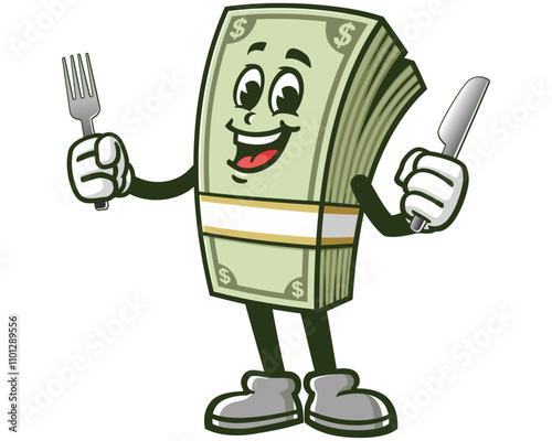 Money Cash with fork and knife,  Cartoon Character Mascot Illustration Vector Clip-art Hand-drawn Logo Design