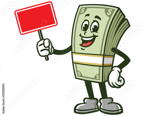 Money Cash with blank sign board,  Cartoon Character Mascot Illustration Vector Clip-art Hand-drawn Logo Design