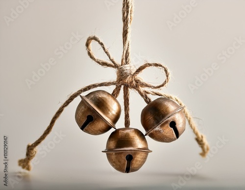 Rustic jingle bells tied with twine, isolated on a light neutral background