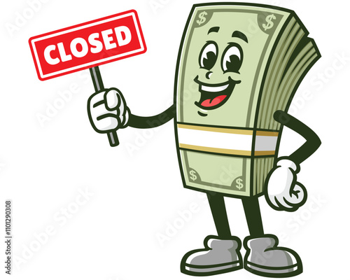 Money Cash with closed sign,  Cartoon Character Mascot Illustration Vector Clip-art Hand-drawn Logo Design