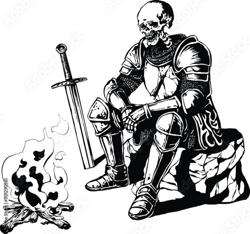 Bonfire with dead skeleton soldier in middle age army uniform and sword sitting chilling during the night