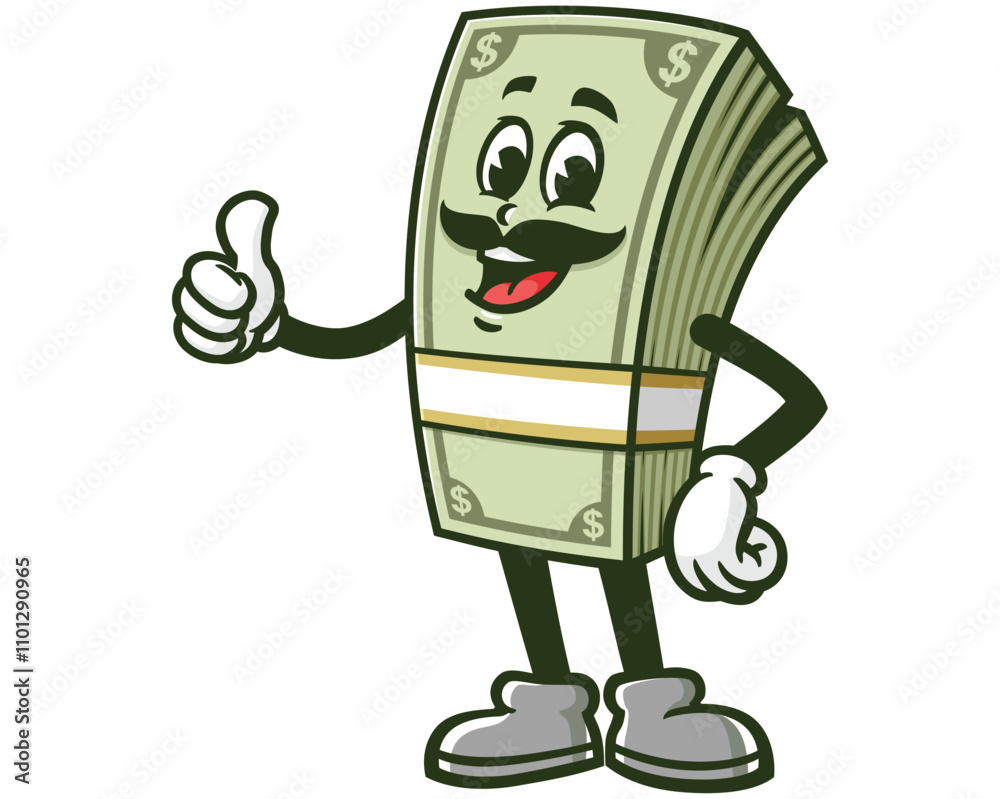 Obraz premium Money Cash with mustache, Cartoon Character Mascot Illustration Vector Clip-art Hand-drawn Logo Design