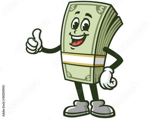 Money Cash with thumb up pose,  Cartoon Character Mascot Illustration Vector Clip-art Hand-drawn Logo Design