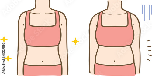 女性のスリム＆ぽっこりお腹の上半身のイラスト
