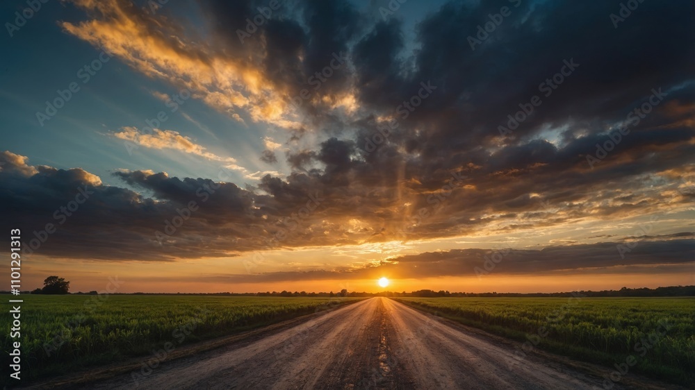 Fototapeta premium Dramatic sunrise illuminates countryside field and open road