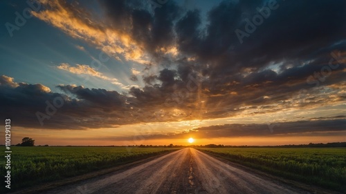 Dramatic sunrise illuminates countryside field and open road