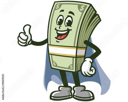 Money Cash with caped superhero style,  Cartoon Character Mascot Illustration Vector Clip-art Hand-drawn Logo Design