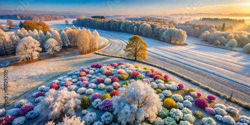 Aerial View of a Frost-Covered Landscape at Dawn, Showcasing Delicate Flowers Dusting in White Frost Like Powdered Sugar on a Cold Winter Morning photo