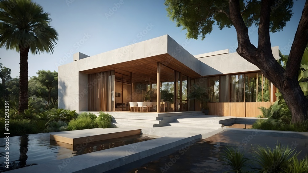 Fototapeta premium AI-generated Modern Luxury Hotel-Style House with USA-Inspired Interiors – Stunning Exterior Perspective, Earthy Materials, and Dynamic Design in Natural Settings, Perfect Blend of Innovation, Eleganc