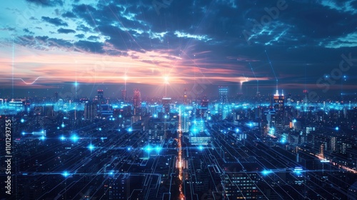 Cityscape with Digital Network Overlay