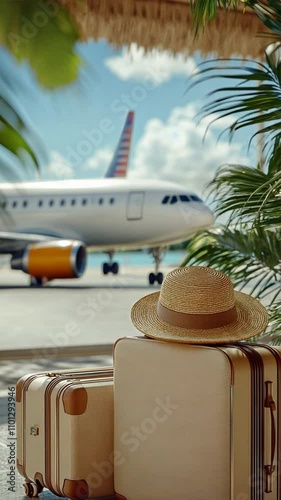 Vacation Ready:  A pair of vintage suitcases sit beneath palm fronds, a straw hat perched atop them, with a plane taking off in the background.