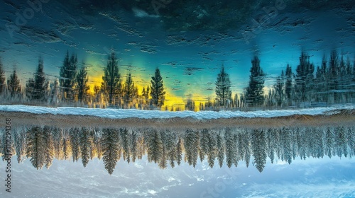 A serene winter landscape reflecting vibrant colors in icy water.