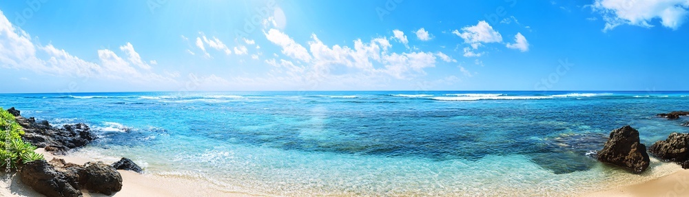 Obraz premium A serene beach scene featuring clear blue waters, gentle waves, and a bright sky, creating a tranquil tropical paradise.