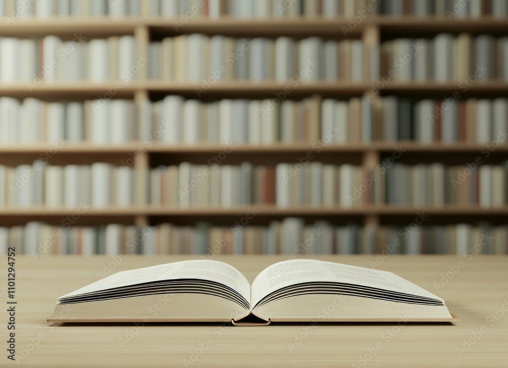 Fototapeta premium Open Book in a Library - A Peaceful Scene of Knowledge