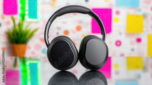 Headphone in studio style for audio dynamic Over-ear on a reflective surface in a high-quality image. photo