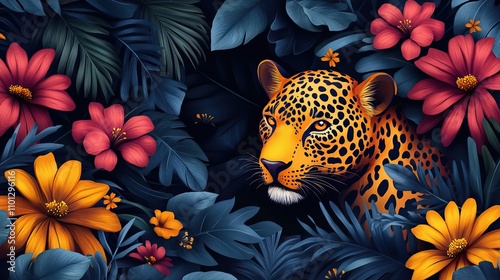 tropical exotic pattern with animal and flowers in bright colors and lush vegetatio photo