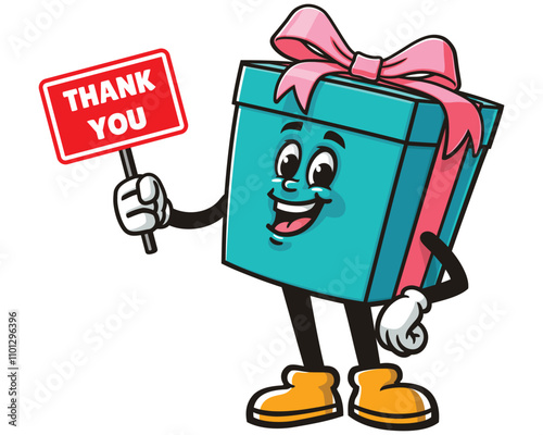 Gift Box with thank you sign,   Cartoon Character Mascot Illustration Vector Clip-art Hand-drawn Logo Design