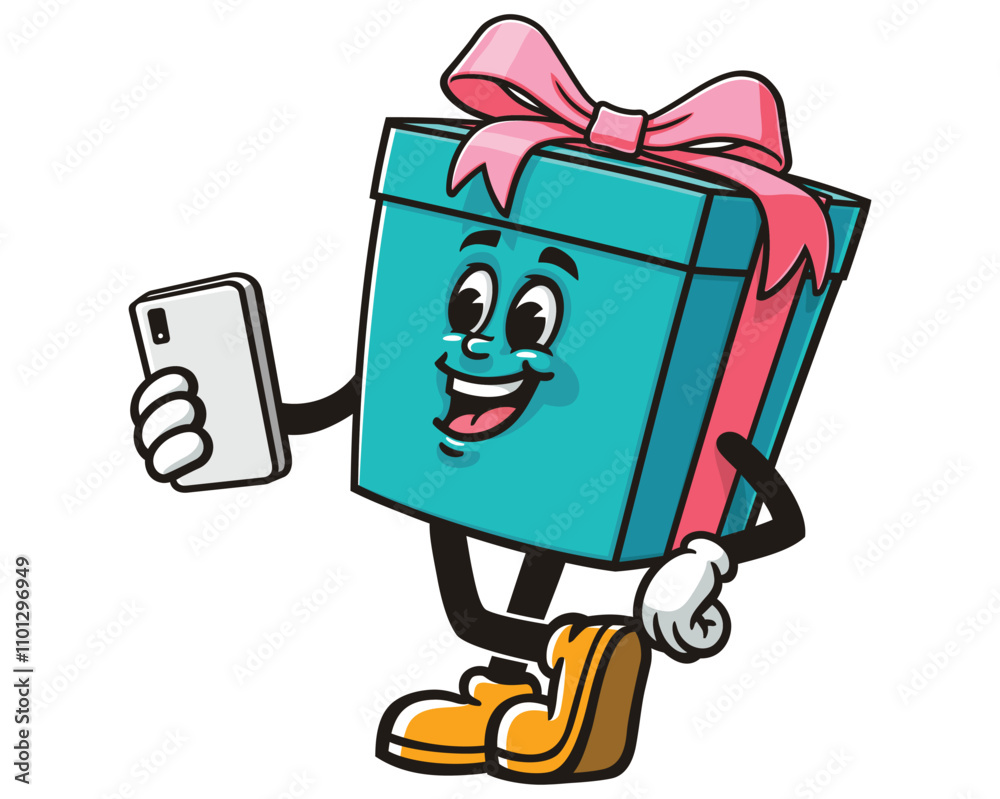 Fototapeta premium Gift Box with gadget, Cartoon Character Mascot Illustration Vector Clip-art Hand-drawn Logo Design