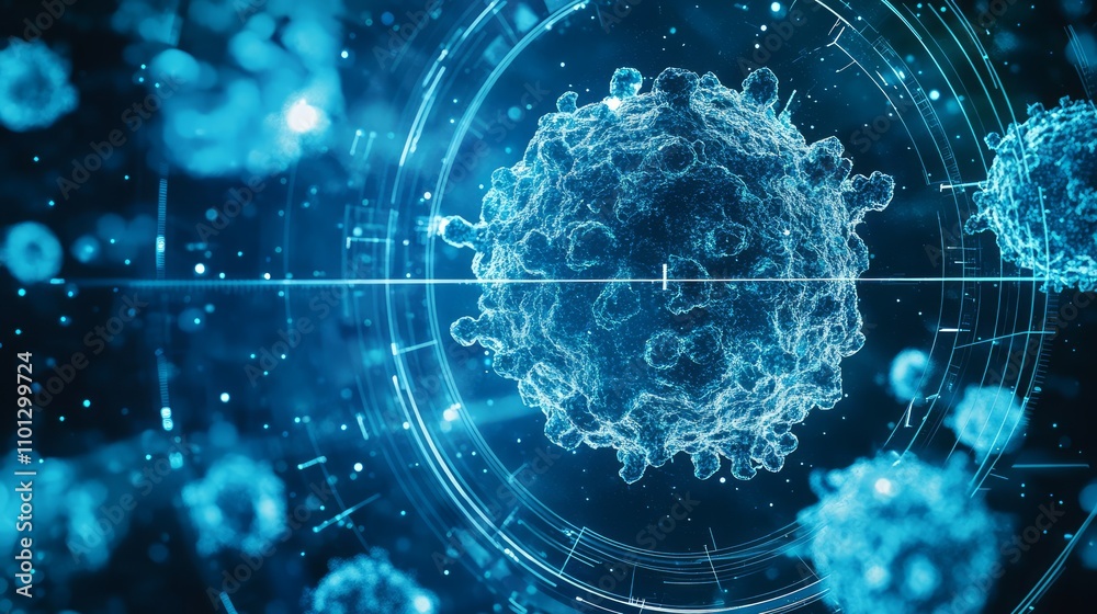 Microscopic view of virus cells under digital analysis. Microscopic view of virus cells under digital analysis.