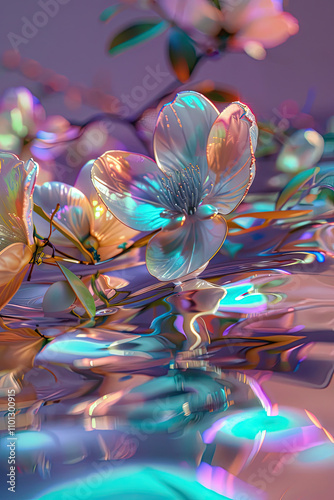 Holographic Garden with Reflective Flowers and Plants
