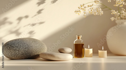 A close-up of a stone massage therapy set with oils and candles, soft beige background, smooth textures