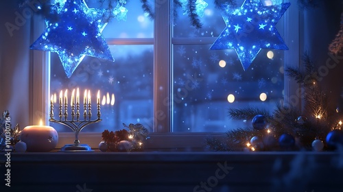 A Hanukkah scene with a window decorated with blue and silver stars, a lit menorah in the foreground, and soft evening light photo